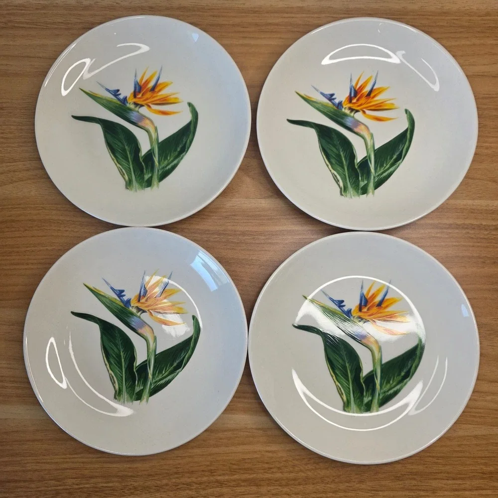 Santa Anita Ware Flowers Of Hawaii Bird Of Paradise 8 Bread & Butter Plates 1949
